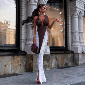 Autumn And Winter New Color Contrast Patchwork Halter Lace-up Dress