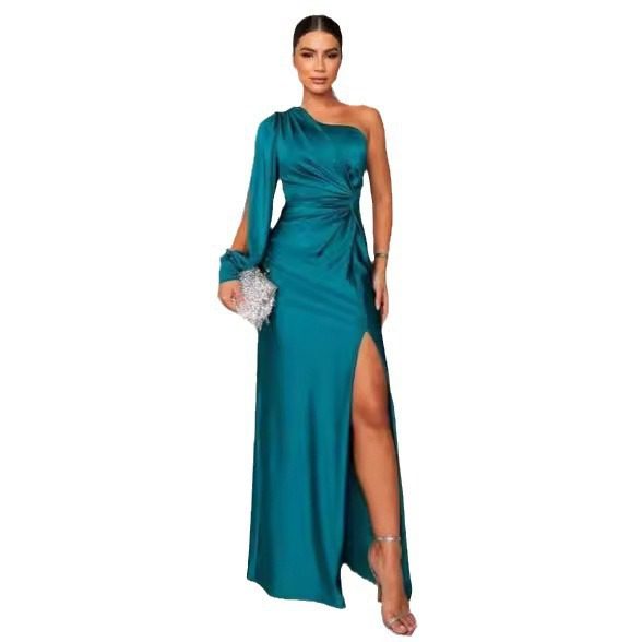 Women's One-shoulder Split Dress Ins Fashion Long-sleeved Slim Long Dresses Party Evening Clothing - Image 4