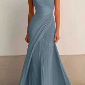 One-shoulder pleated long dress, flowing tight dress