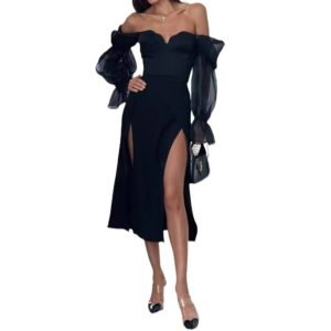 Women’s Sexy Off-the-shoulder Tube Top Mesh Lantern Sleeve Slim Fit Slit Dress