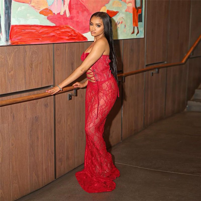 Strapless Lace-up Lace Sheer Paneled Sexy Bodycon Long Dress - Image 2