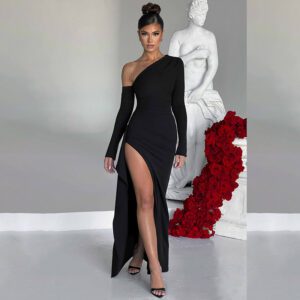 Women’s Knitted One-shoulder Long Sleeve Split Dress