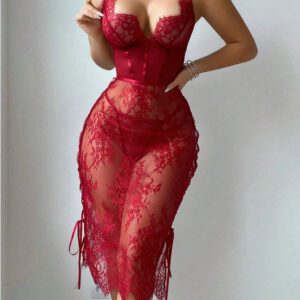 Lace Hollow Red Sexy Topless Sheath Sexy Lingerie Dress