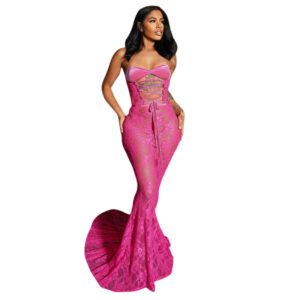 Strapless Lace-up Lace Sheer Paneled Sexy Bodycon Long Dress