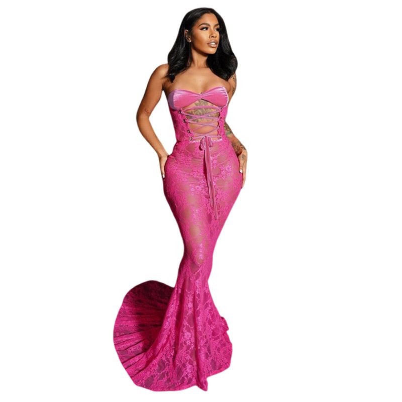 Strapless Lace-up Lace Sheer Paneled Sexy Bodycon Long Dress - Image 3