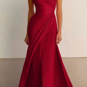 One-shoulder pleated long dress, flowing tight dress
