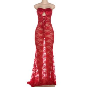 Strapless Lace-up Lace Sheer Paneled Sexy Bodycon Long Dress