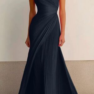 One-shoulder pleated long dress, flowing tight dress