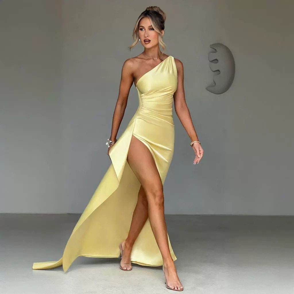 Summer New European And American Satin Slant Shoulder Will Not Be Like Slit Design Sexy Dress - Image 6