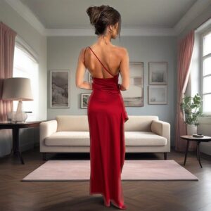 Summer New European And American Satin Slant Shoulder Will Not Be Like Slit Design Sexy Dress