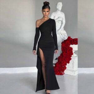 Women’s Knitted One-shoulder Long Sleeve Split Dress