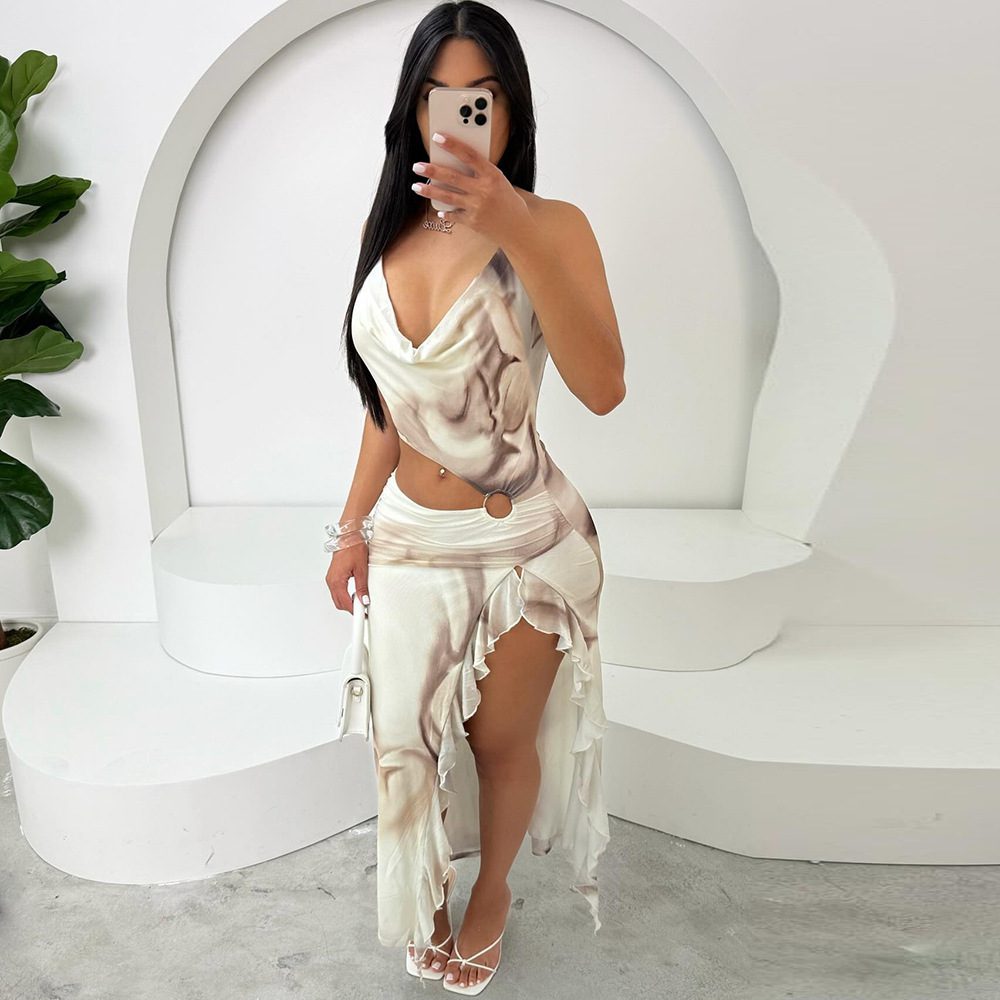 Color-blocked Off-shoulder Tie-neck Crop Print Irregular Skirt - Image 2