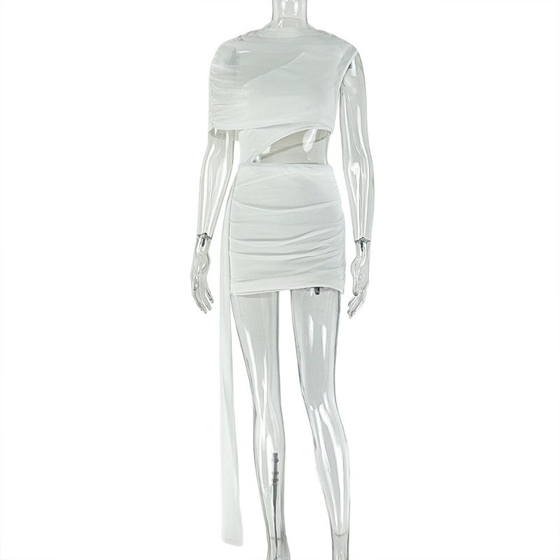 Solid-color Fashion Crew-neck Skirt Set Asymmetrical Top And Short Skirttwo Pieces - Image 4