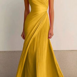 One-shoulder pleated long dress, flowing tight dress