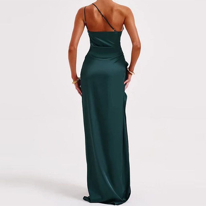 Summer New European And American Satin Slant Shoulder Will Not Be Like Slit Design Sexy Dress - Image 8