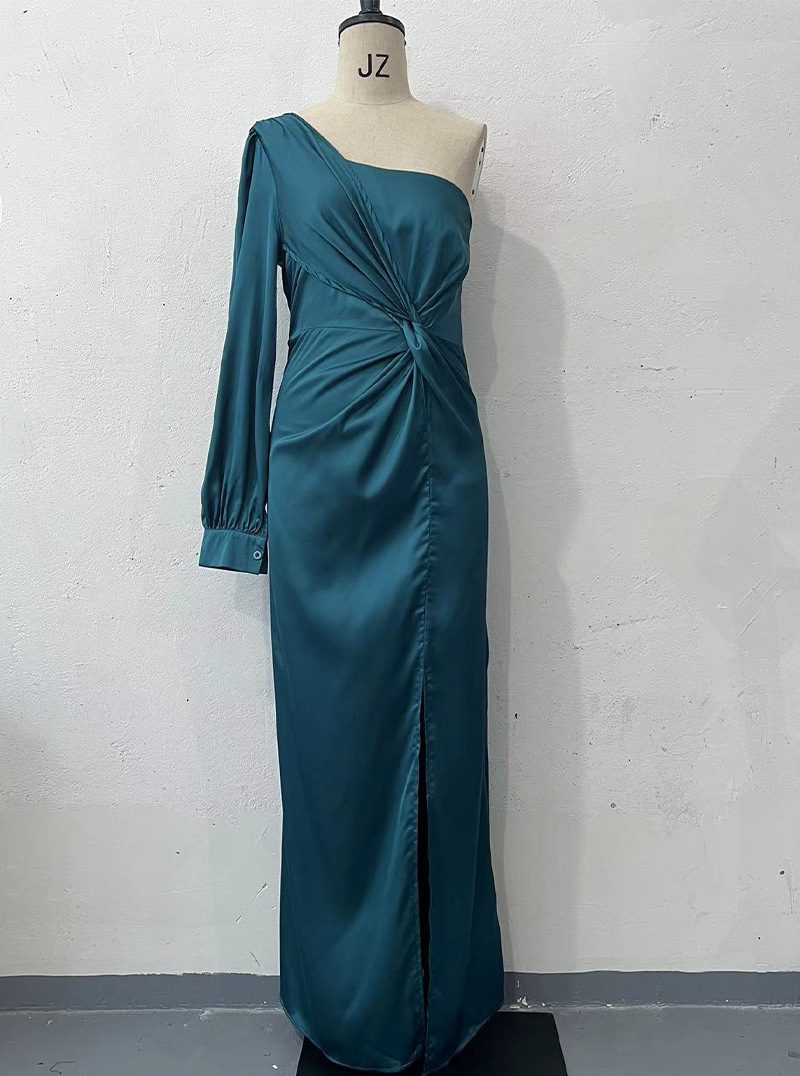 Women's One-shoulder Split Dress Ins Fashion Long-sleeved Slim Long Dresses Party Evening Clothing - Image 3
