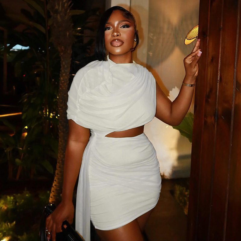 Solid-color Fashion Crew-neck Skirt Set Asymmetrical Top And Short Skirttwo Pieces