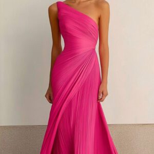 One-shoulder pleated long dress, flowing tight dress