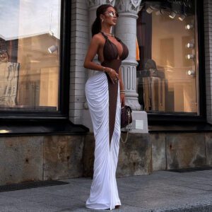 Autumn And Winter New Color Contrast Patchwork Halter Lace-up Dress