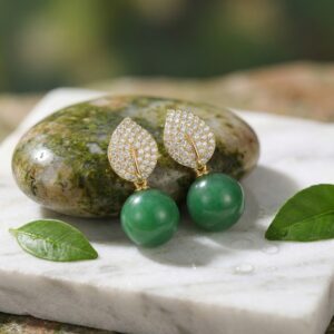 925 Sterling Silver Elegant Nature-Inspired Leaf Pave Accents and Green Jade Spherical Drop Earrings
