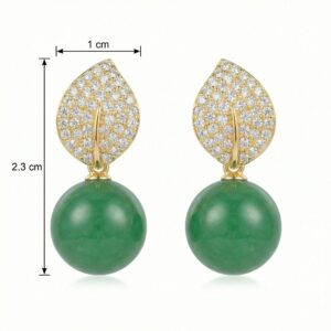 925 Sterling Silver Elegant Nature-Inspired Leaf Pave Accents and Green Jade Spherical Drop Earrings