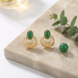 925 Sterling Silver Elegant Oval Green Gemstone Lattice Stud Earrings with Shimmering Accents