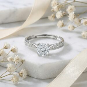 925 Sterling Silver Elegant Round Cut Solitaire Ring with Sparkling Diamond Accents and Adjustable Band