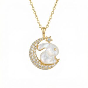 925 Sterling Silver Whimsical Mother of Pearl Rabbit Resting on Sparkling Crescent Moon Pendant Necklace