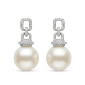 925 Sterling Silver Elegant White Pearl Drop Earrings with Pave Diamond Geometric Links