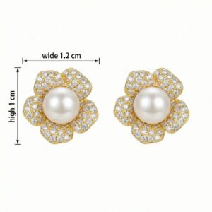 925 Sterling Silver Elegant Flower-Shaped Cultured Pearl and Sparkling Cubic Zirconia Stud Earrings