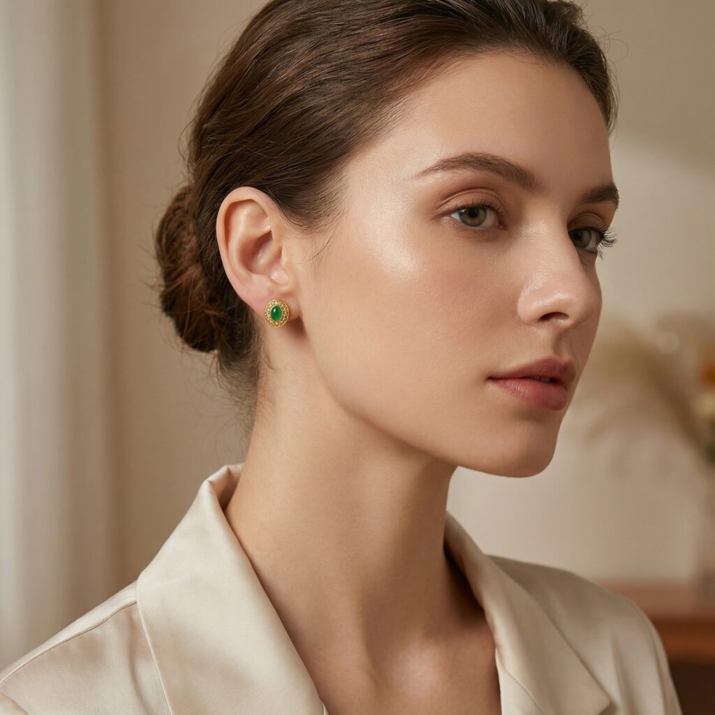 925 Sterling Silver Elegant Green Jadeite-Inspired Filigree Stud Earrings with Sparkling Diamond-Like Accents and Ornate Detailing