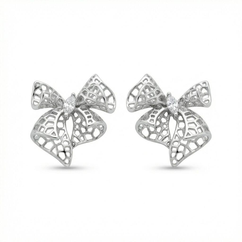 925 Sterling Silver Elegant Silver Filigree Bow Knot Stud Earrings with Sparkling Marquise Zirconia Center