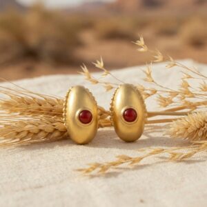 925 Sterling Silver Satin Finish Elliptical Earrings Featuring Crimson Cabochons and Intricate Granulated Borders