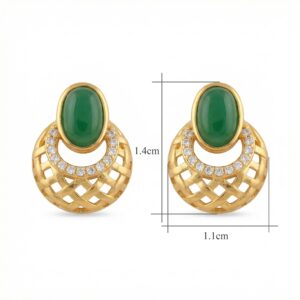 925 Sterling Silver Elegant Oval Green Gemstone Lattice Stud Earrings with Shimmering Accents