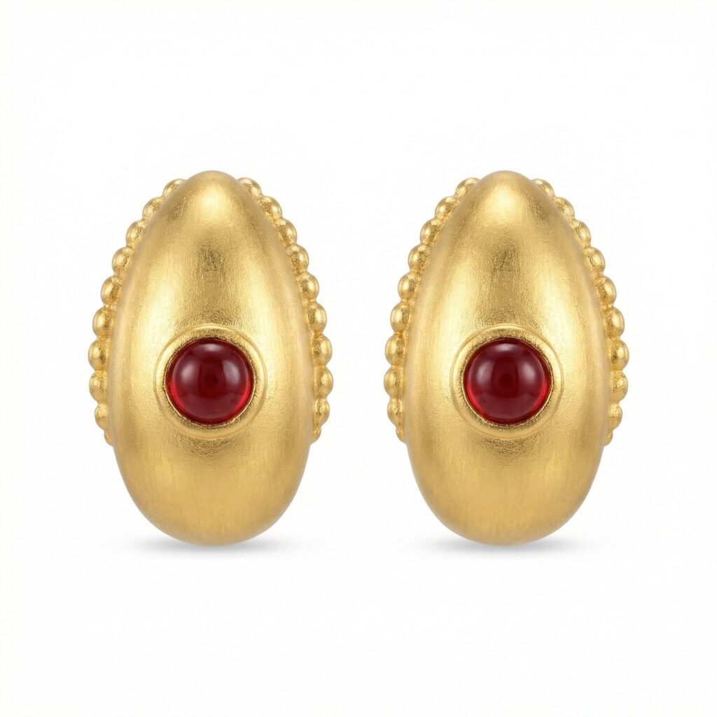 925 Sterling Silver Satin Finish Elliptical Earrings Featuring Crimson Cabochons and Intricate Granulated Borders