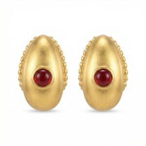 925 Sterling Silver Satin Finish Elliptical Earrings Featuring Crimson Cabochons and Intricate Granulated Borders