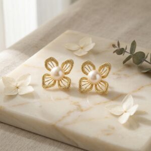 925 Sterling Silver Elegant Pearl and Textured Floral Stud Earrings for Women