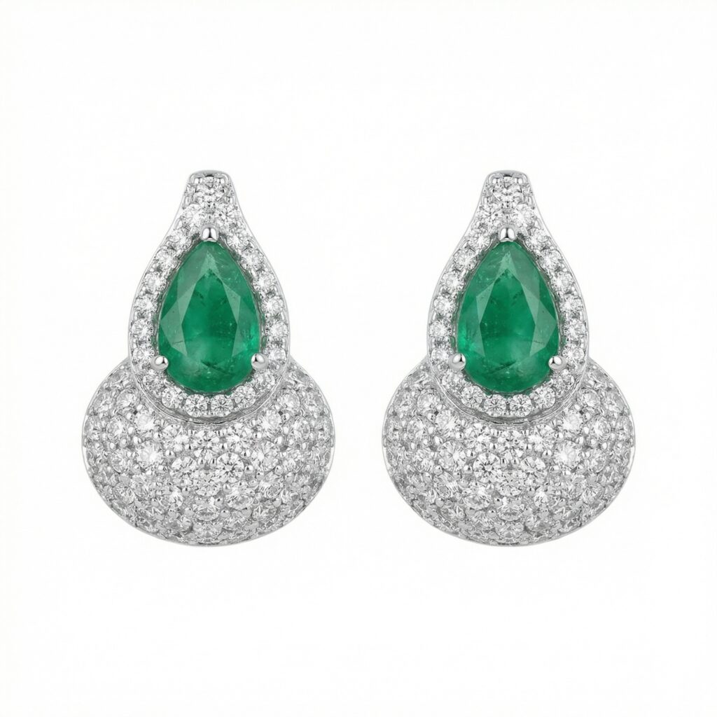 925 Sterling Silver Elegant Pear-Cut Emerald and Diamond Halo Teardrop Earrings with Shimmering Pavé Accents