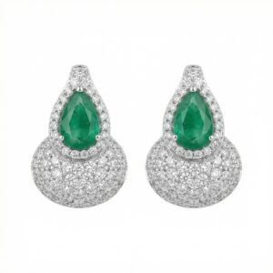 925 Sterling Silver Elegant Pear-Cut Emerald and Diamond Halo Teardrop Earrings with Shimmering Pavé Accents