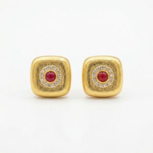 925 Sterling Silver Matte Square Studs Featuring Vibrant Ruby Cabochons and Sparkling Halo Accents