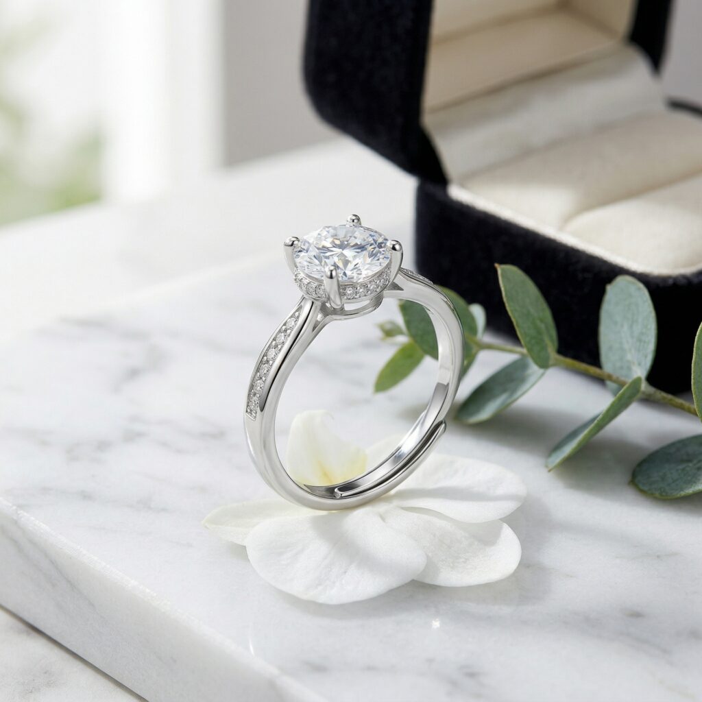 925 Sterling Silver Elegant Round Brilliant Diamond Engagement Ring with Hidden Halo and Pavé Band