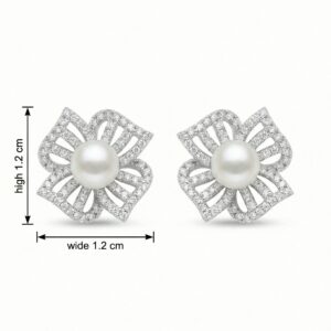 925 Sterling Silver Elegant White Pearl and Diamond Floral Stud Earrings