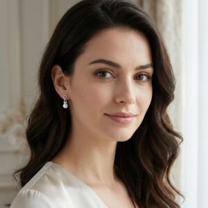 925 Sterling Silver Elegant White Pearl Drop Earrings with Pave Diamond Geometric Links