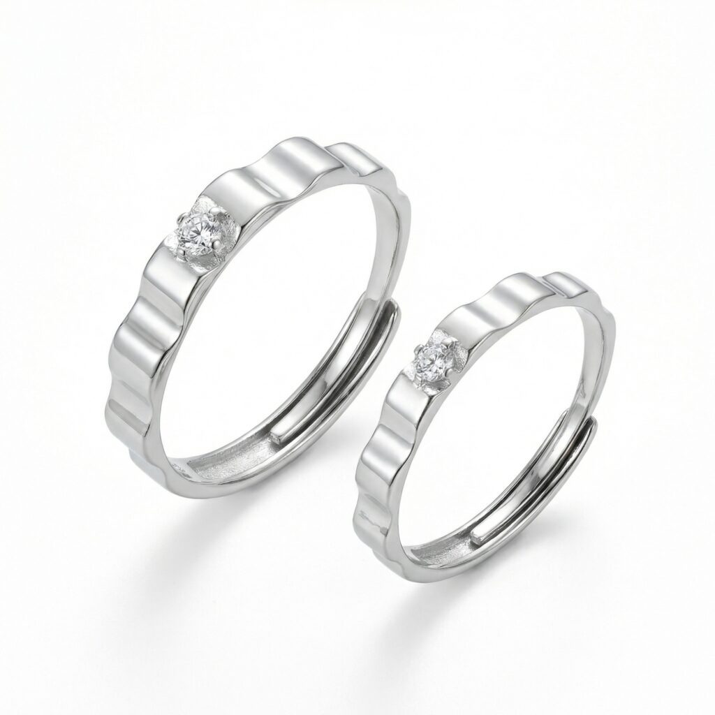925 Sterling Silver Elegant Wavy Silver Band Adjustable Couple Rings with Sparkling Zirconia Accents