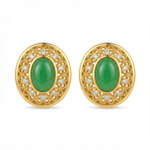 925 Sterling Silver Elegant Green Jadeite-Inspired Filigree Stud Earrings with Sparkling Diamond-Like Accents and Ornate Detailing