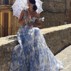 Floral Off-the-shoulder Strap Lace-up Large Swing Skirt Organza Dress