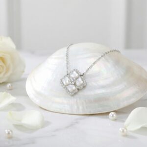 925 Sterling Silver Elegant Silver Mother-of-Pearl and Diamond Floral Pendant Necklace