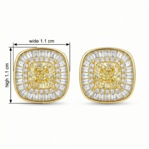 925 Sterling Silver Cushion Canary Gemstone Double Halo Baguette Border Stud Earrings