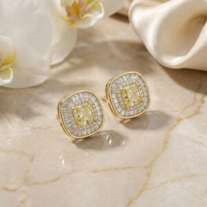 925 Sterling Silver Cushion Canary Gemstone Double Halo Baguette Border Stud Earrings