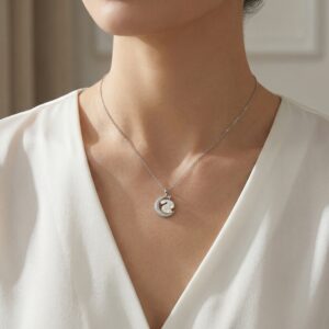 925 Sterling Silver Elegant Mother of Pearl Rabbit and Crescent Moon Pendant Necklace